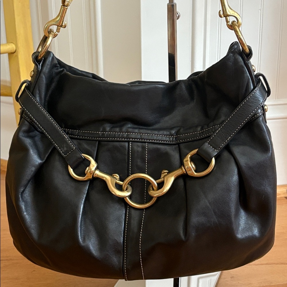 COACH vintage Hamptons Belted Hobo Shoulder Bag Y2K Black Leather Buckle Brass - Picture 2 of 16